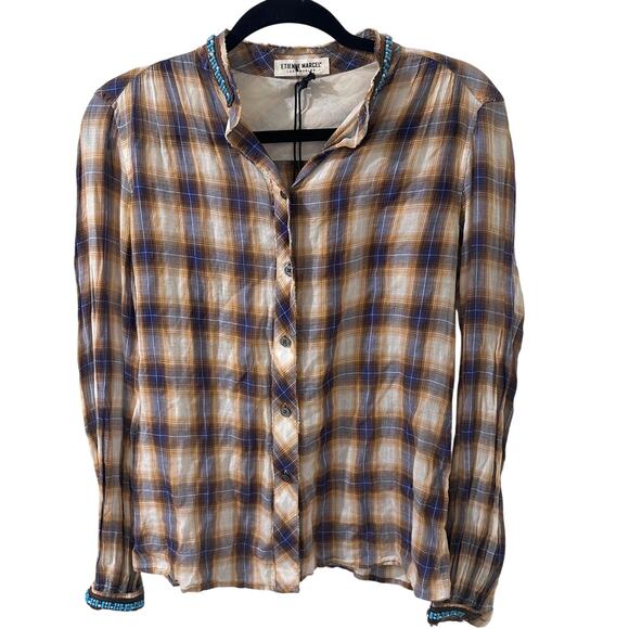 Etiene Marcel Plaid Button-Down Blouse Turquoise Beaded Trim Collar Cuffs M NWT